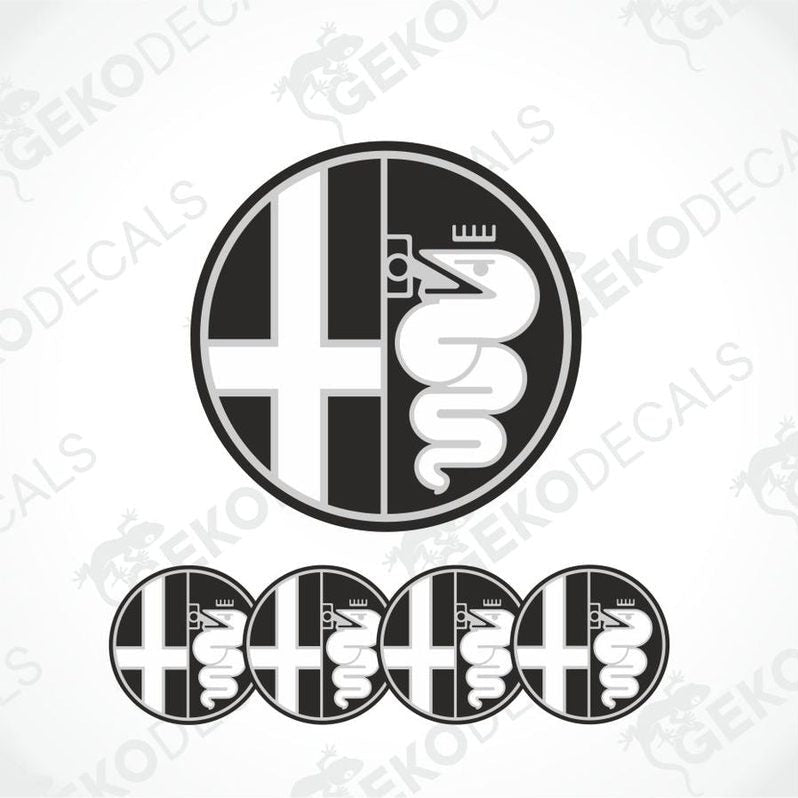 A set of four Alfa Romeo branded vinyl decals with a polyurethane coating, displayed on a white background.