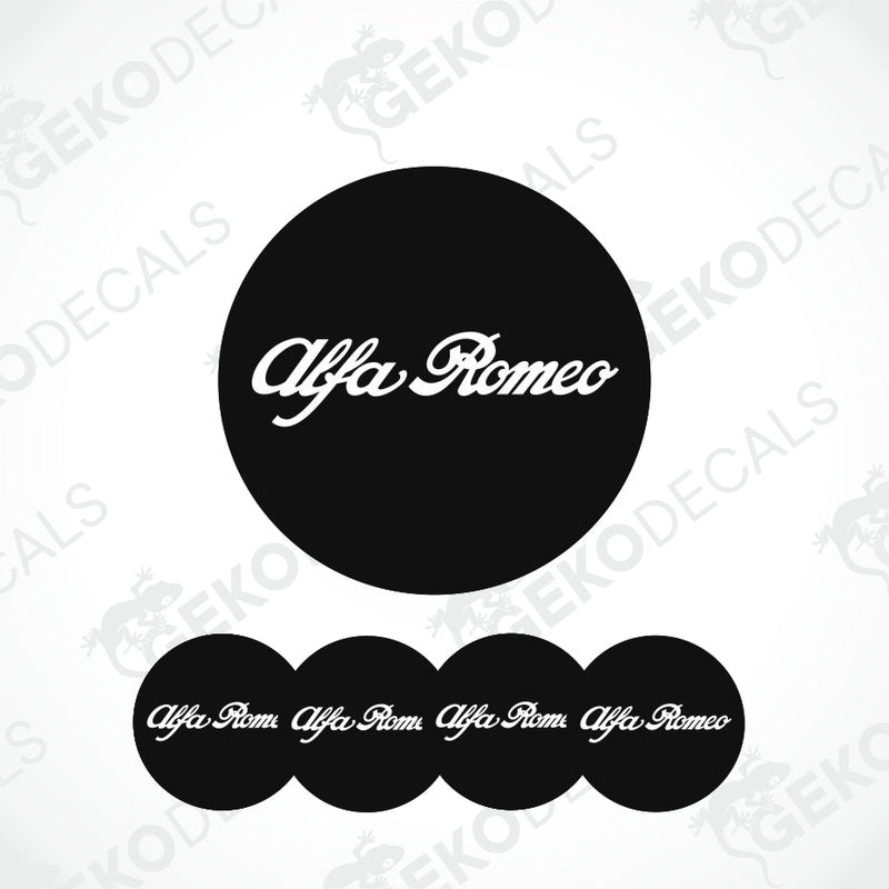 Set of Alfa Romeo branded vinyl decals, including four stickers with the Alfa Romeo logo, two in black and two in white color scheme.