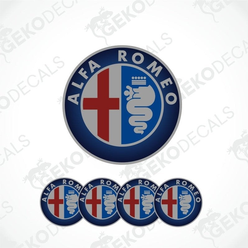 Set of four Alfa Romeo branded vinyl decals with a polyurethane coating, displayed on a white background.
