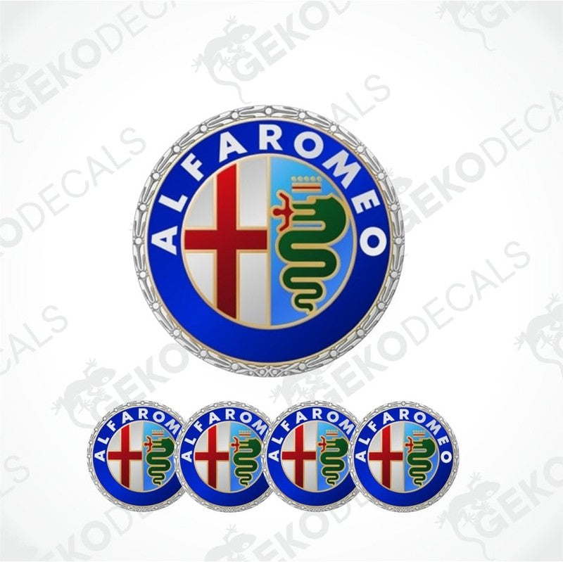 A set of four blue vinyl stickers with the Alfa Romeo logo in the center.