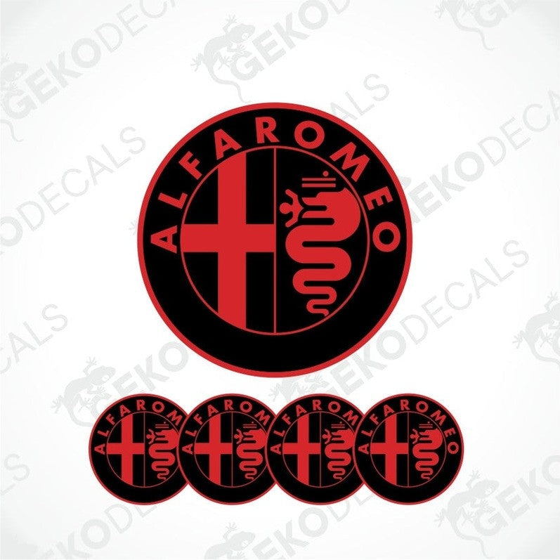 Set of four Alfa Romeo branded vinyl decals with a red and black design, including the Alfa Romeo logo, intended for use on car wheels or other surfaces.