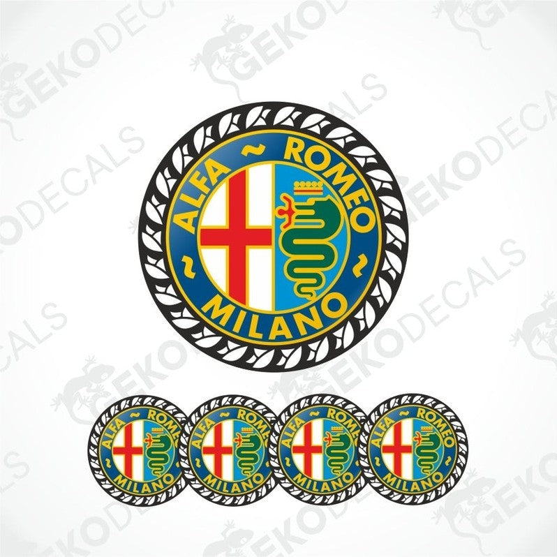 A set of four round vinyl stickers with a geometric pattern and the Alfa Romeo Milano logo in the center.