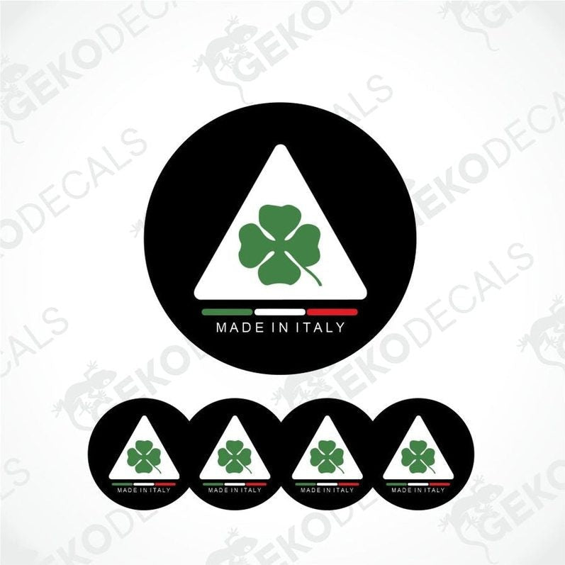 Set of four polyurethane-coated vinyl stickers depicting the Alfa Romeo Quadrifoglio four-leaf clover on a black background with the words "MADE IN ITALY".