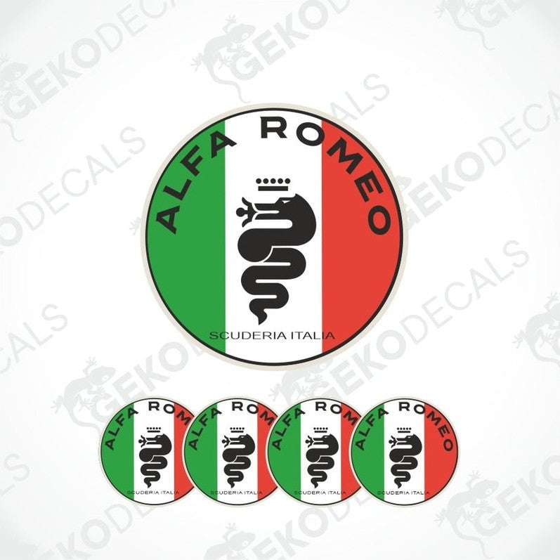 A set of four round vinyl stickers with a red, white, and green design featuring the Alfa Romeo logo and the text 'Scuderia Italia'.