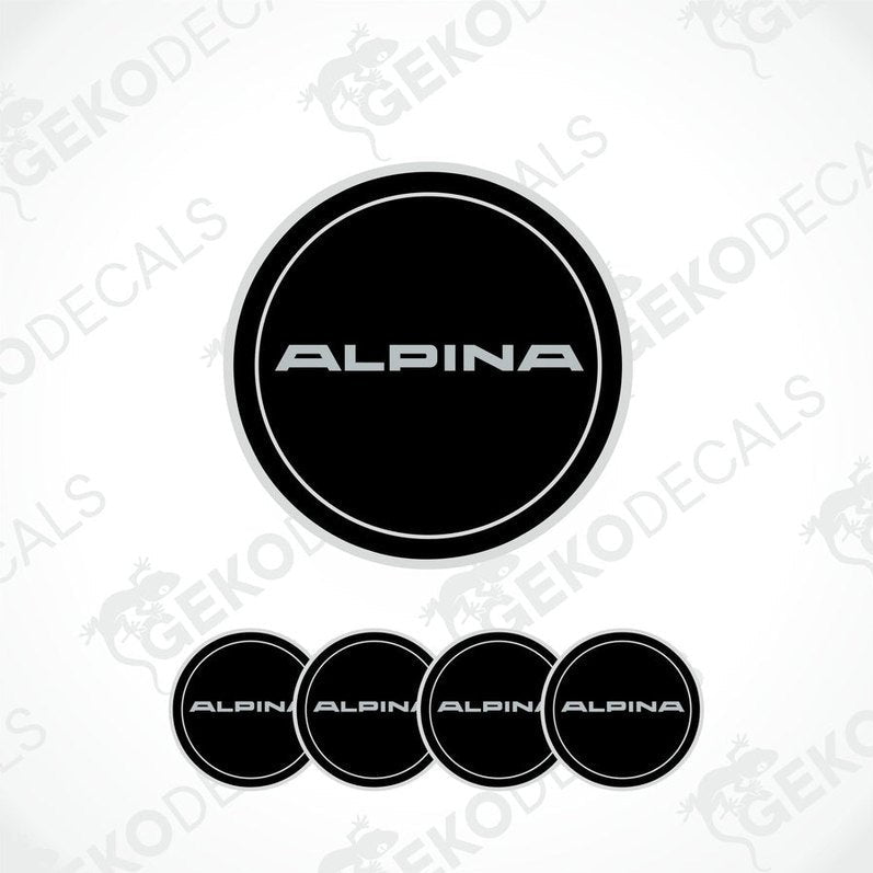 Set of four black vinyl decals with the 'ALPINA' brand name on them, intended for use on vehicle wheels.