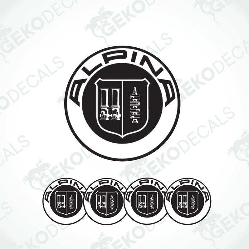 A set of four black vinyl stickers with the ALPINA brand logo and a geometric design.