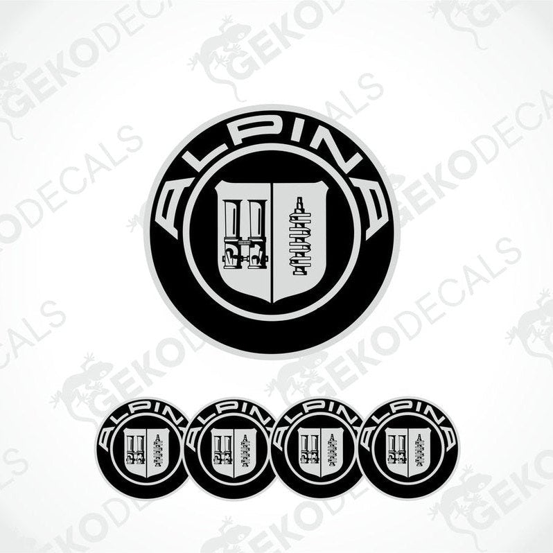 A set of four ALPINA branded vinyl stickers with a polyurethane coating, displayed on a white background.