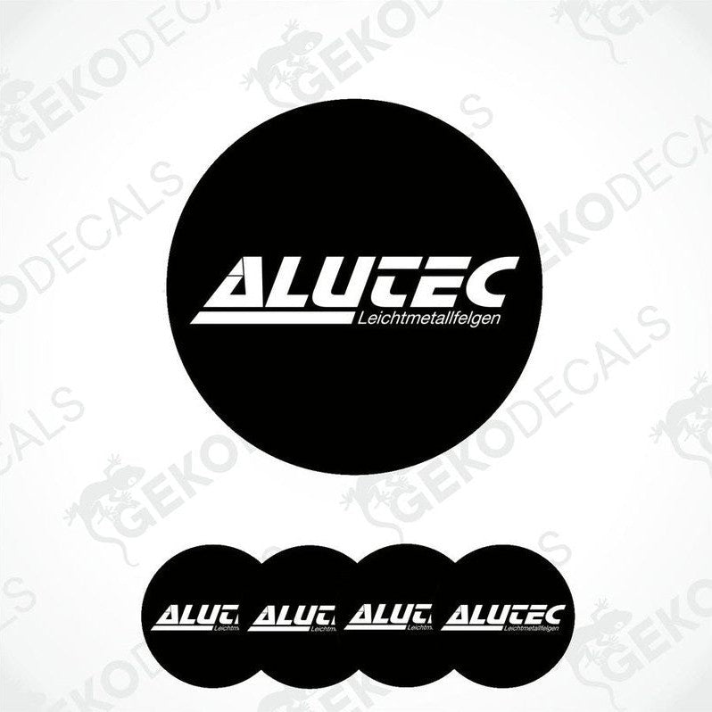 A set of four black dome-shaped vinyl stickers with the white text 'ALUTEC' on them.