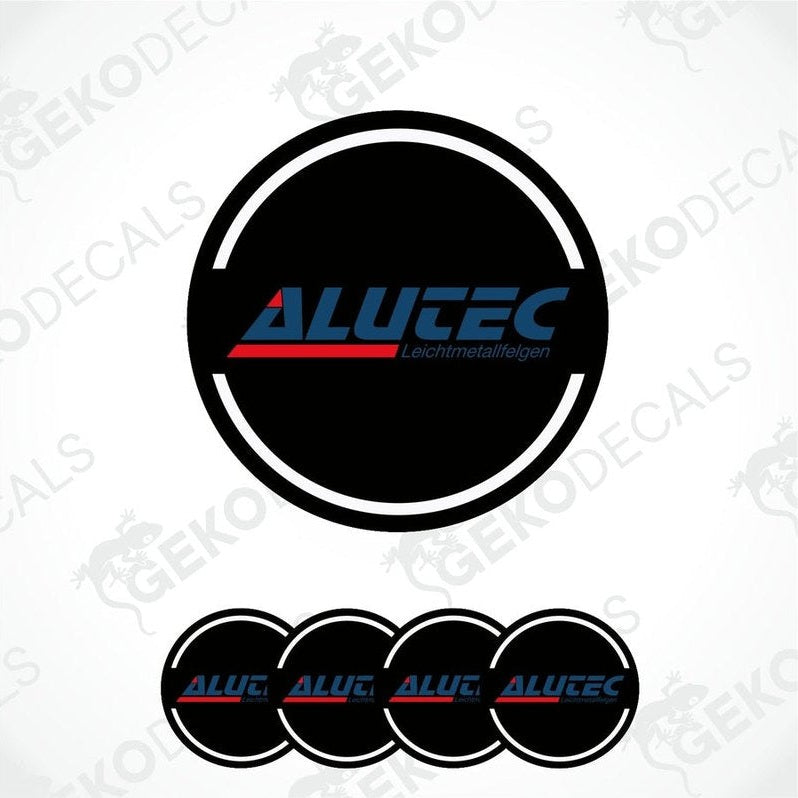 A set of four round car decals with a polyurethane coating featuring the brand name 'ALUTEC' and a red and white design.