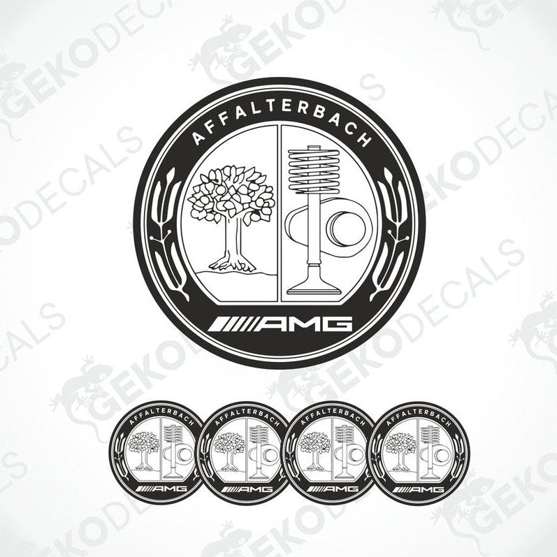 A set of four silver-colored vinyl stickers with a geometric design featuring a tree, a microphone, and the AMG brand logo.