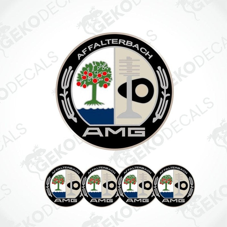 A set of car decals featuring a round emblem with the text 'AMG' and an image of a tree, arranged in a pattern with four additional smaller emblems.
