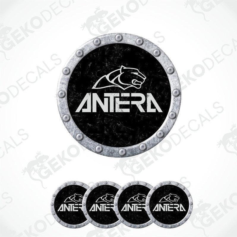 Set of black vinyl stickers with white 'ANTERA' brand logo. With silver trim