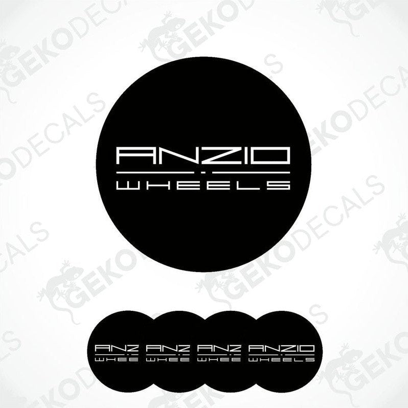 A set of four black vinyl stickers with 'ANZIO WHEELS' text and a logo on each.