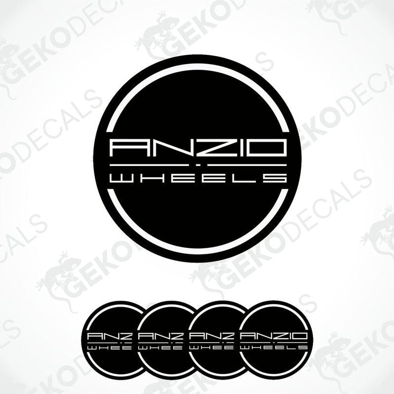 A set of four black vinyl stickers with 'ANZIO WHEELS' text and a logo on each.