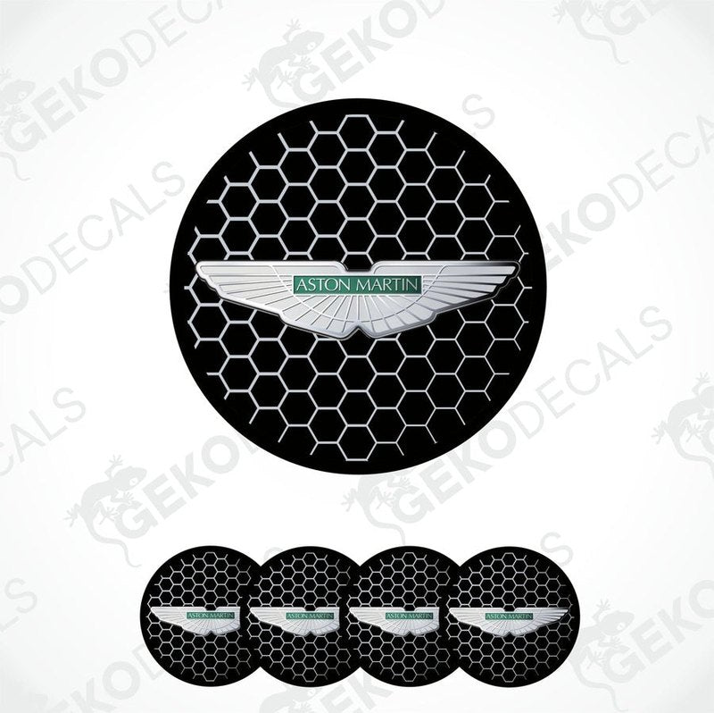 A set of four black vinyl stickers with the Aston Martin logo in the center.
