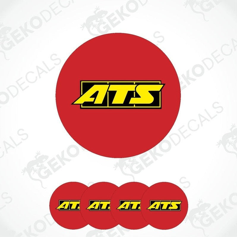 A set of three red vinyl stickers with the ATS logo in yellow, along with a transparent background and a Gecko Decals logo at the bottom.