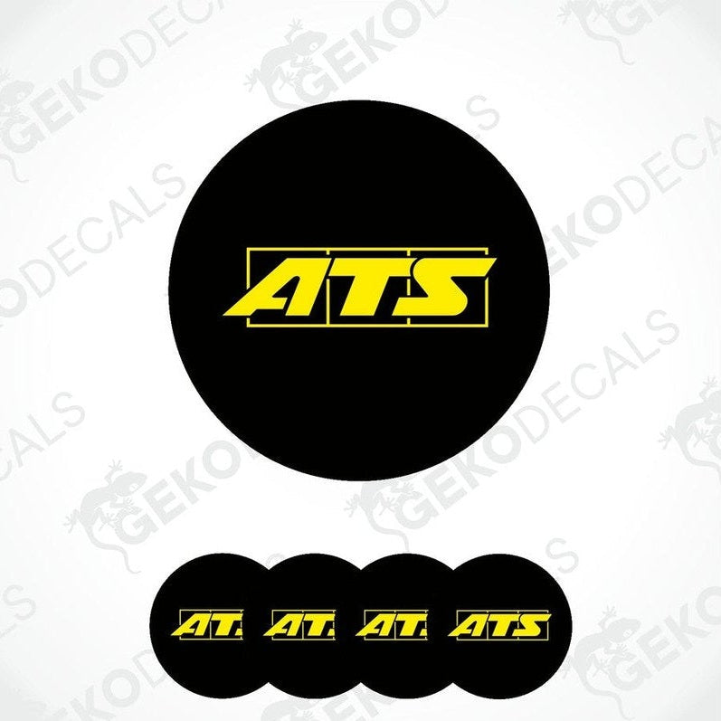 A set of four round car decals with the ATS logo in black and yellow.