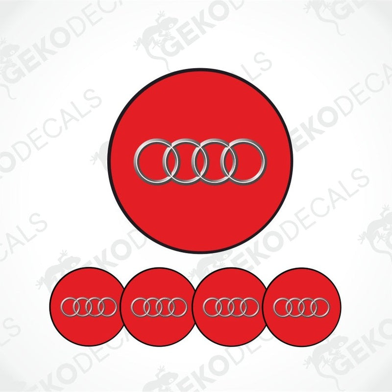 A set of four red vinyl stickers with a white Audi logo, designed for use as car decals.