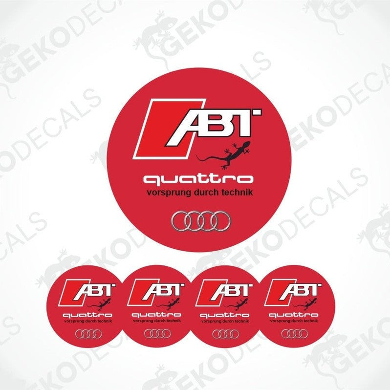 A set of four red vinyl stickers with the ABT and Quattro branding designed for use on car decals.
