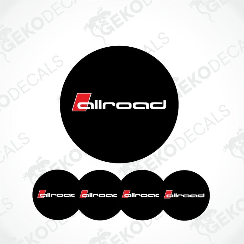A set of four black vinyl stickers with the 'AUDI ALLROAD' brand logo in white and red.