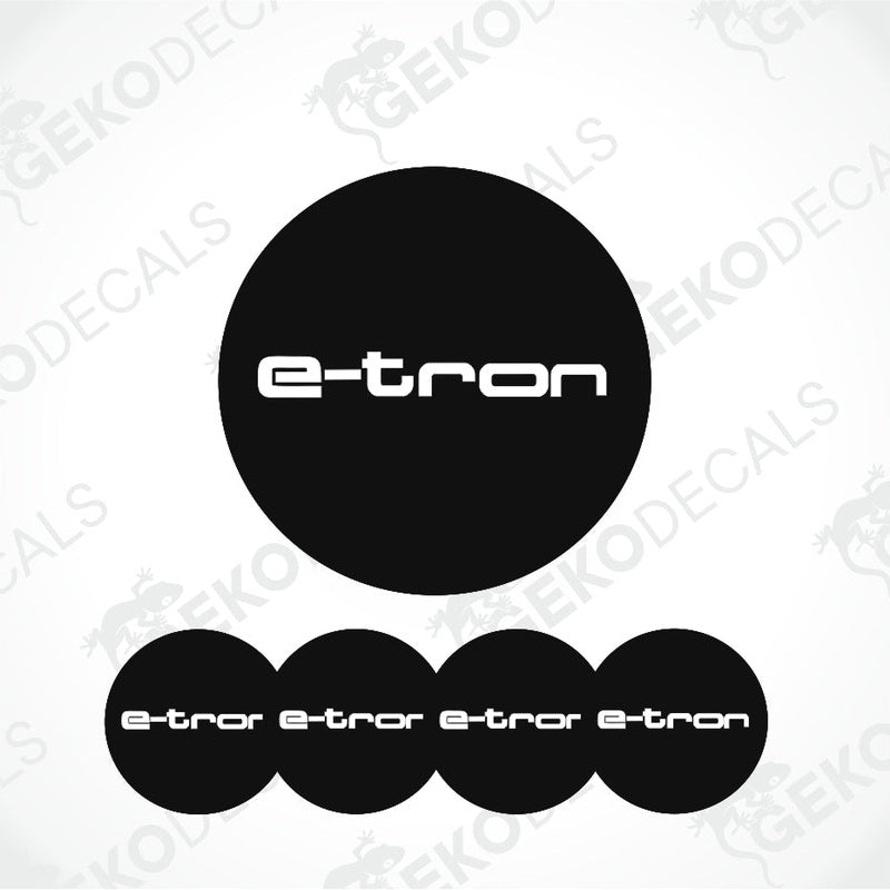 Set of four black vinyl decals with 'e-tron' branding, four are round and one is rectangular