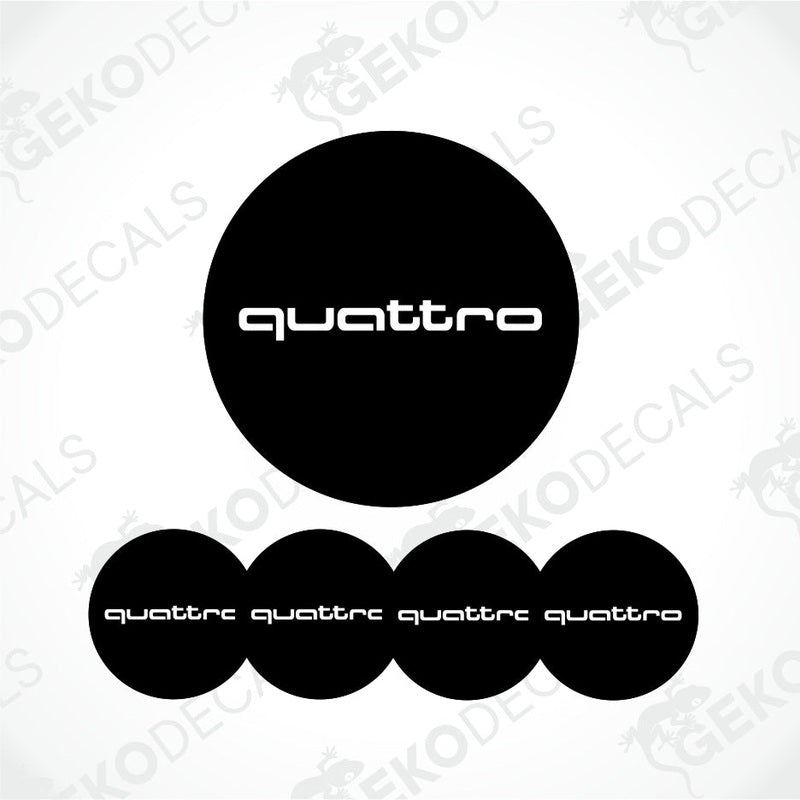 Set of four black vinyl decals with 'quattro' branding, designed for use as car wheel caps or stickers.