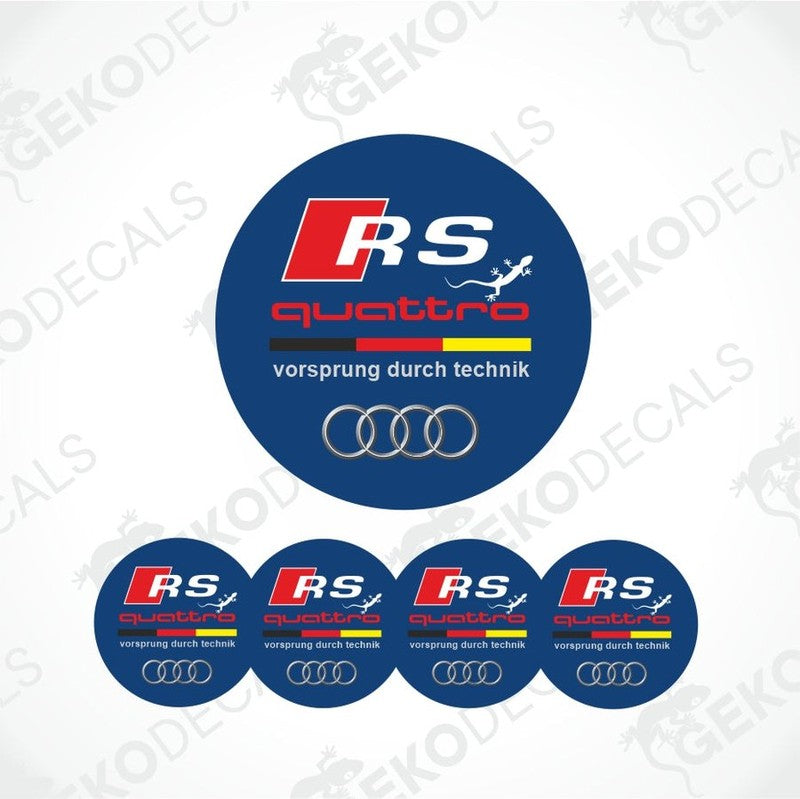 A set of four blue vinyl stickers with red and yellow details, featuring the text 'RS QUATTRO' and the slogan 'VORSPRUNG DURCH TECHNIK'.