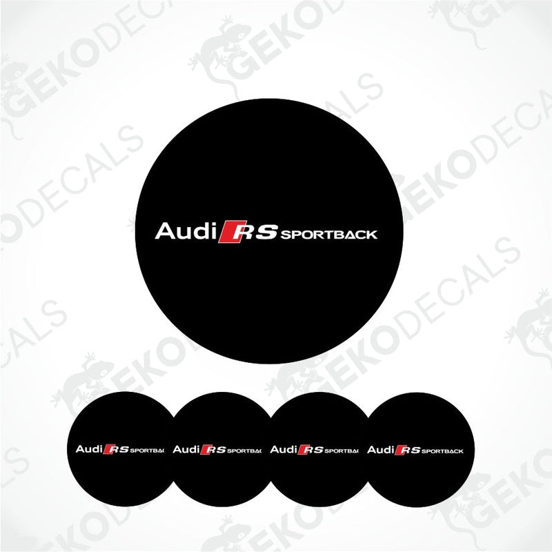 A set of four black vinyl stickers with the text 'AUDI RS SPORTBACK' and a logo depicting an RS Sportback vehicle.