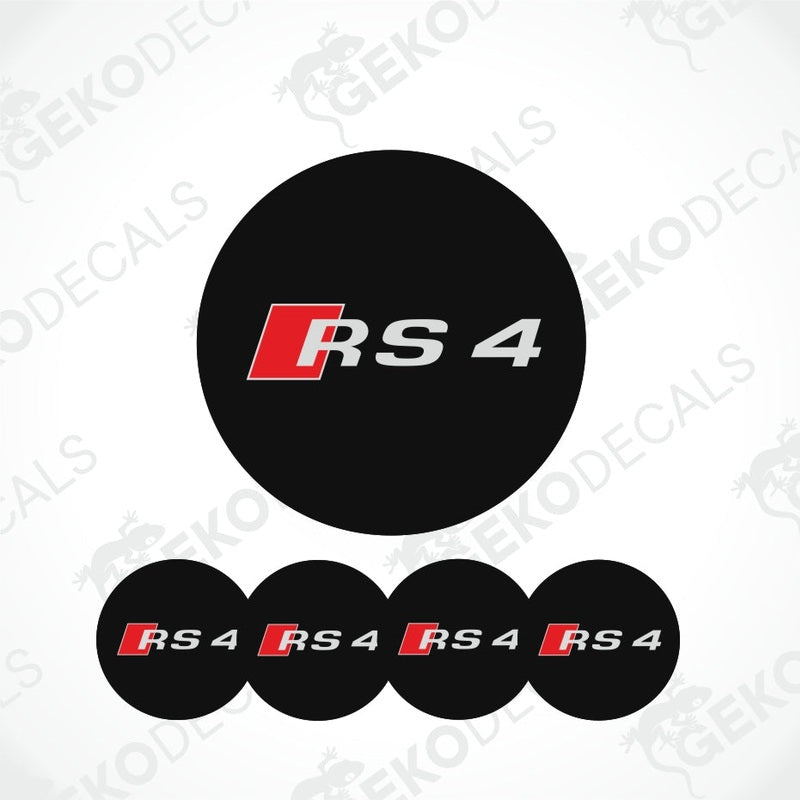 A set of four black vinyl stickers with the Audi RS4 logo in red and white.