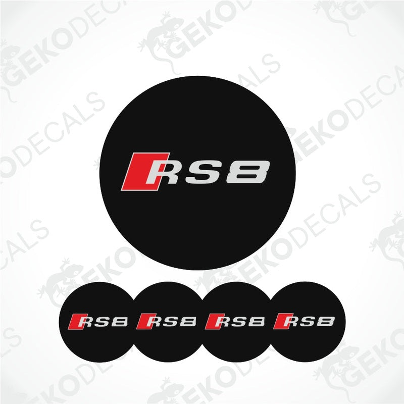 A set of four black vinyl stickers with the Audi RS8 logo in red and white.