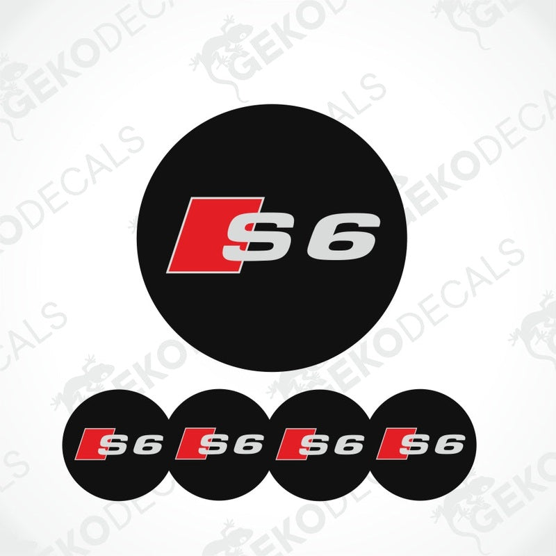 A set of four black vinyl stickers with a red 'AUDI S6' logo for car decals.