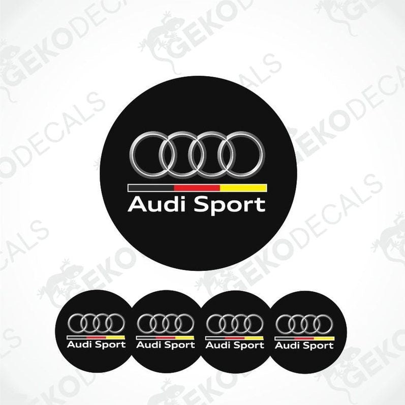 A set of four black vinyl stickers with the Audi Sport logo and a Gecko Decals watermark.