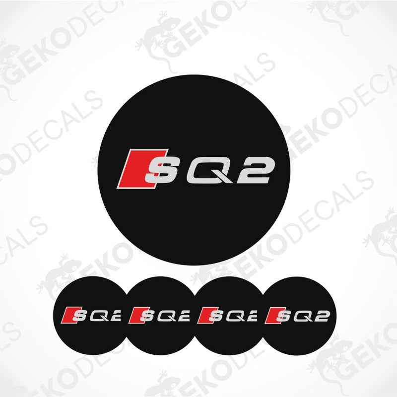 A set of four black vinyl stickers with the word 'AUDI S Q2' in red and white, displayed on a white background.