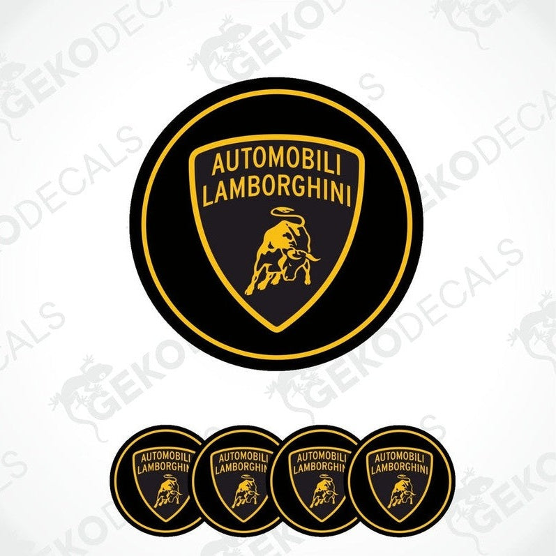 A set of four black, yellow, and white vinyl stickers with the Automobili Lamborghini logo.