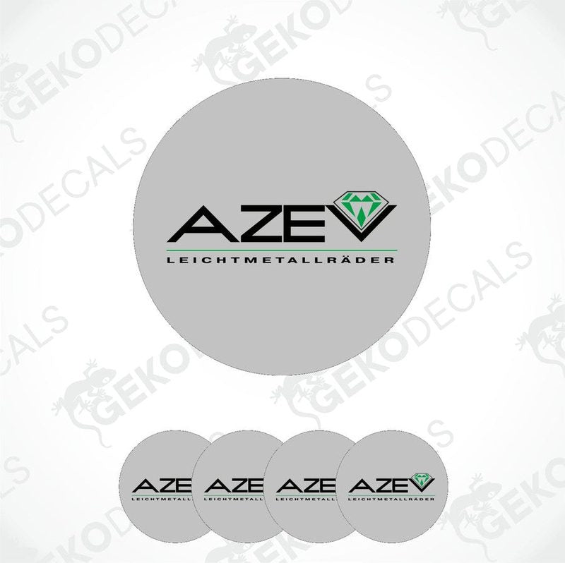 A set of four grey vinyl stickers with the AZEV brand logo and text, designed for car decals.