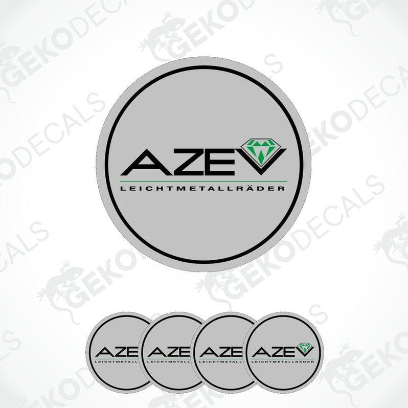 A set of four circular vinyl stickers with a geometric design and the text 'AZEV - Leichtmetall Mädler'.