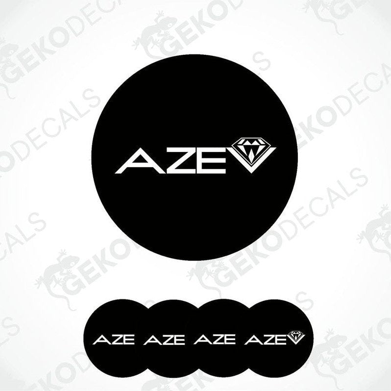 A set of four black vinyl stickers with the logo 'AZEV' printed on them, displayed against a white background.