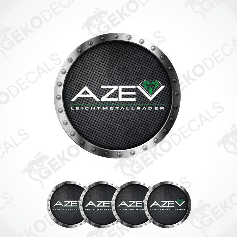A set of four black vinyl decals with the AZEV brand logo and text, designed for vehicle wheel caps, showcased on a white background.