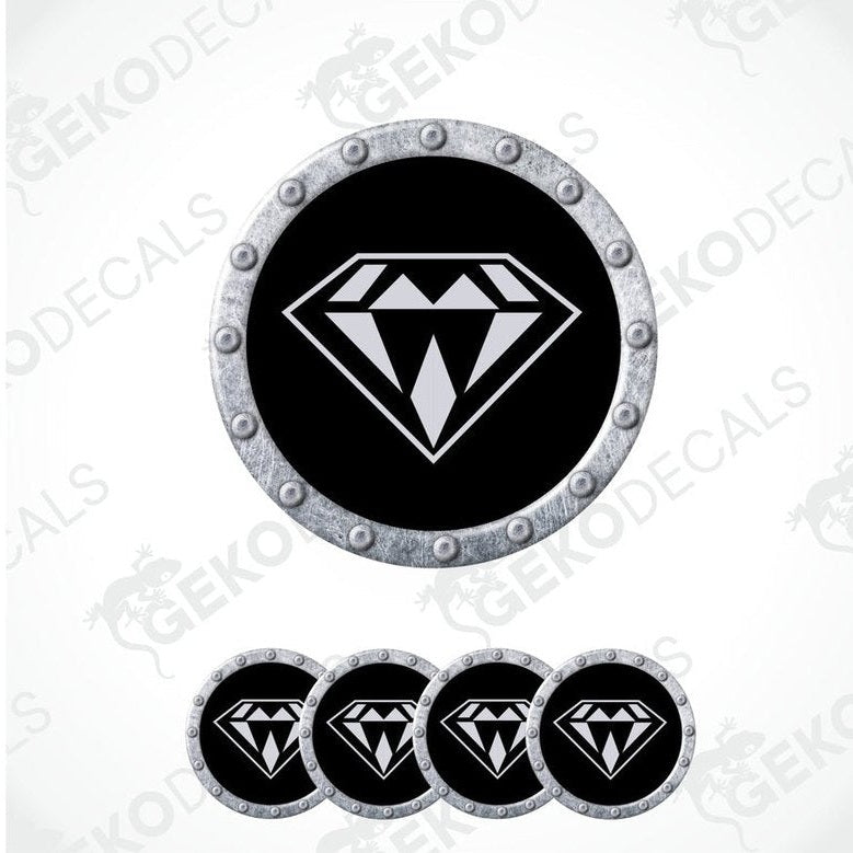 A set of four black vinyl stickers with a diamond pattern and a visible brand logo on each sticker.