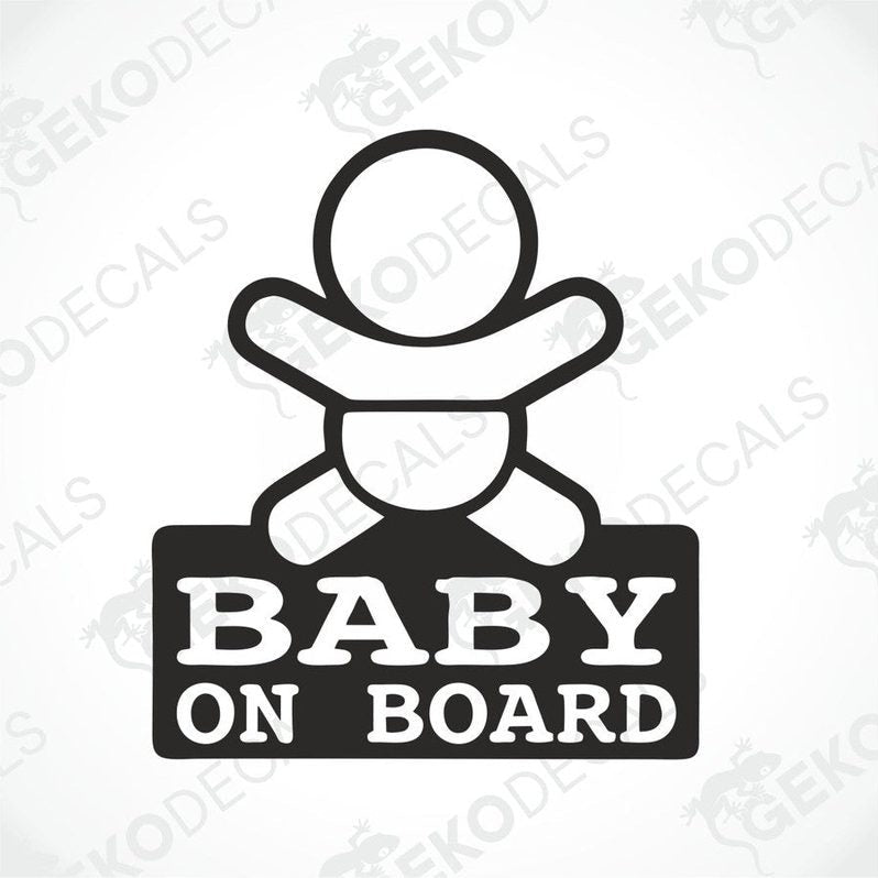 Black and white Baby On Board die cut car decal with stylized baby graphic