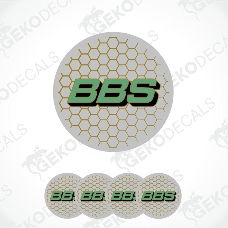 A set of four round vinyl stickers with a geometric pattern and the letters 'BBS' in the center.