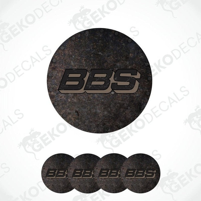 A set of four black vinyl stickers with the BBS logo printed on them.