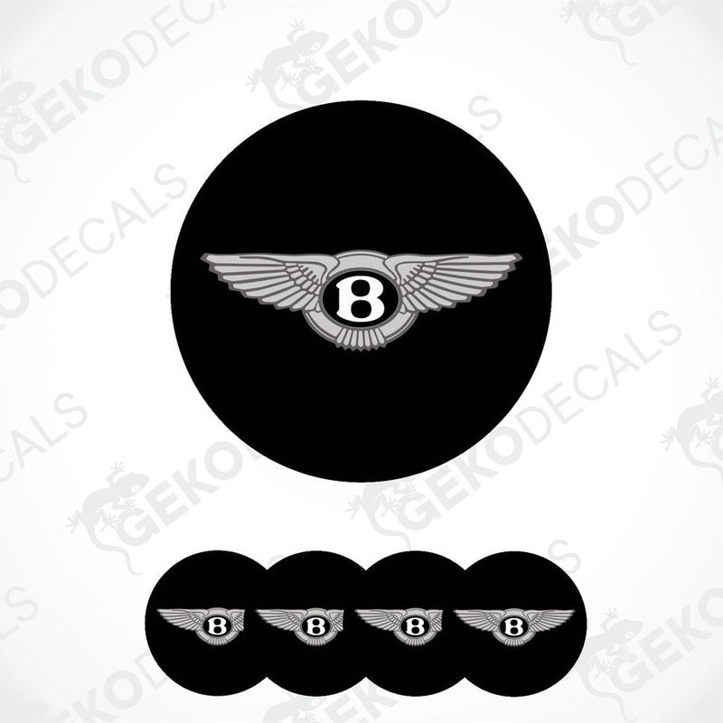 A set of black vinyl decals with a silver Bentley logo, intended for use on a vehicle's wheels.