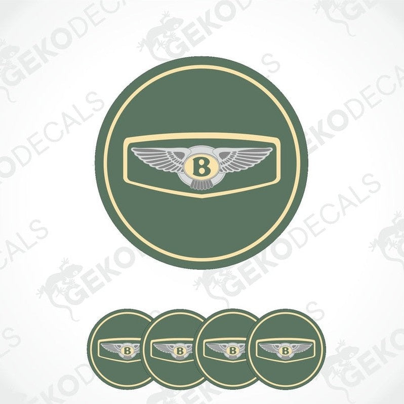 A set of four green vinyl stickers with a gold and silver Bentley logo design.