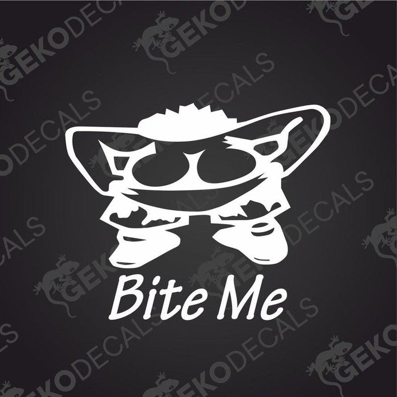 White die-cut BITE ME cartoon character sticker with spiky hair and sunglasses on dark gray background