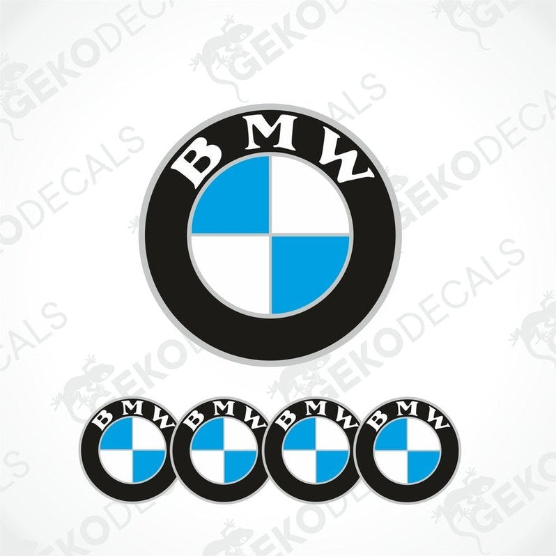A set of four BMW branded vinyl decals with a polyurethane coating, displayed against a white background.