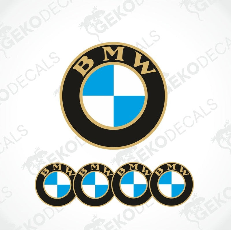A set of four BMW branded vinyl decals with a polyurethane coating, displayed on a white background.