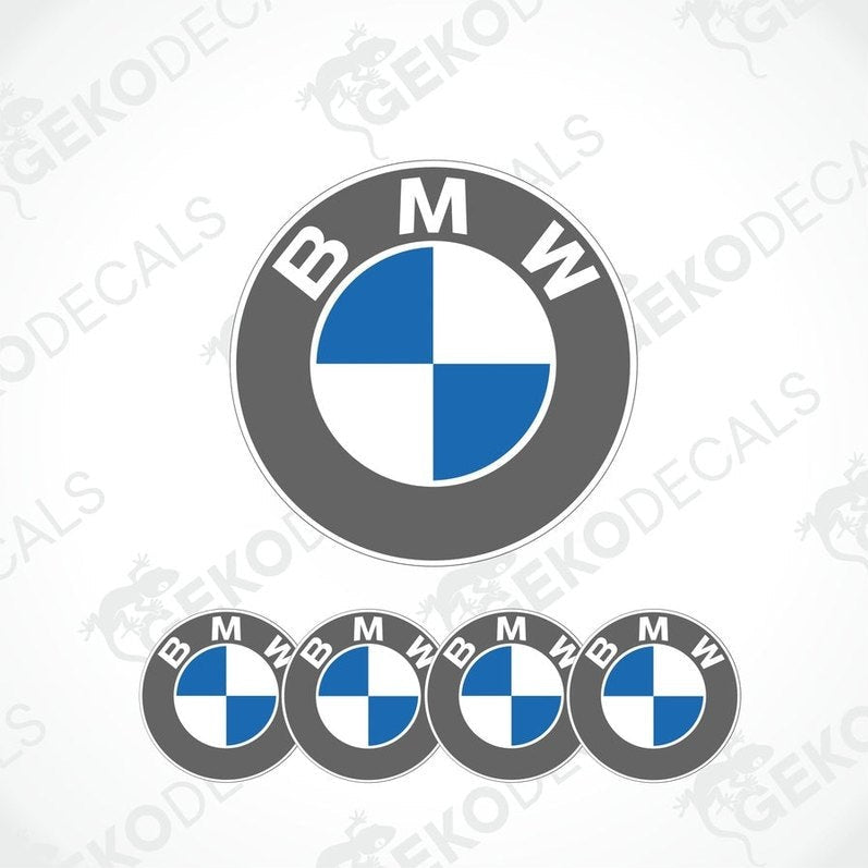 A set of four silver BMW emblem stickers with a blue and white design on a GeckoDecals background.