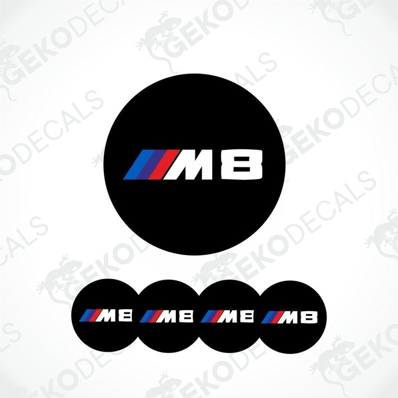 A set of four round car decals with a black background featuring the 'M8' logo in white and red.