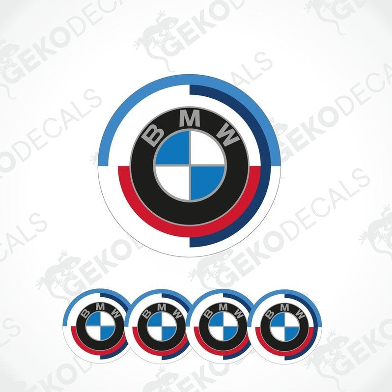 A set of four round BMW Motorsport decals with a red, white, and blue color scheme and the BMW logo in the center.
